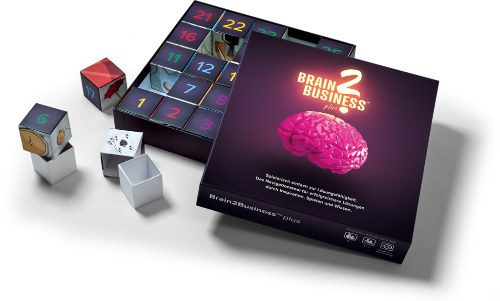 Inspirationstool Brain2Business plus mit 25 Spielboxen und Verpackung